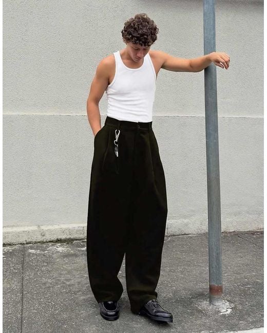Bershka Black Pleated semi-jogger Super baggy Trousers for men