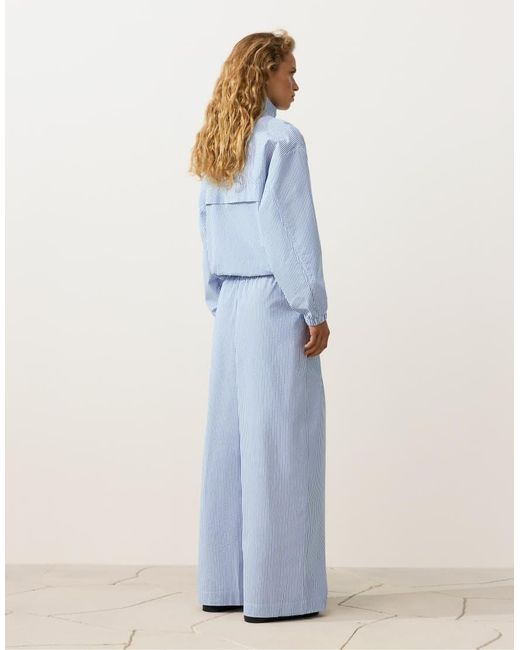Oysho Blue Wide-leg Cotton Blend Striped Trousers