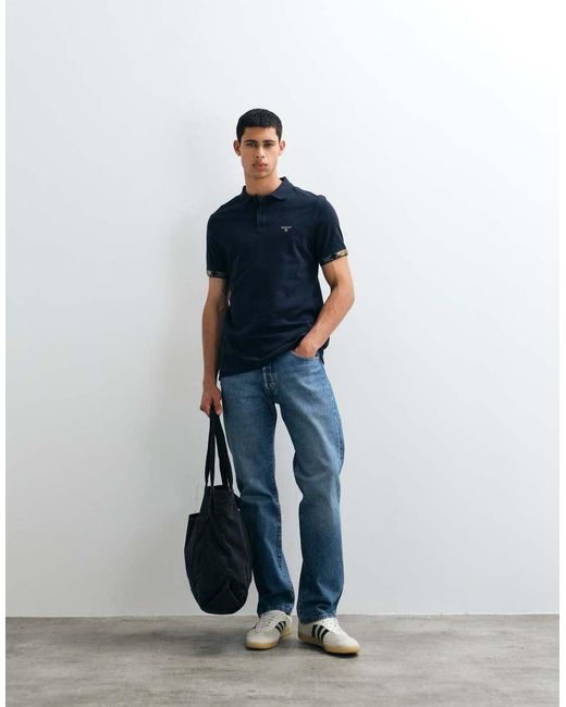 Barbour Blue Stanford Short Sleeve Tailored Logo Polo Shirt With Tartan Tipping for men