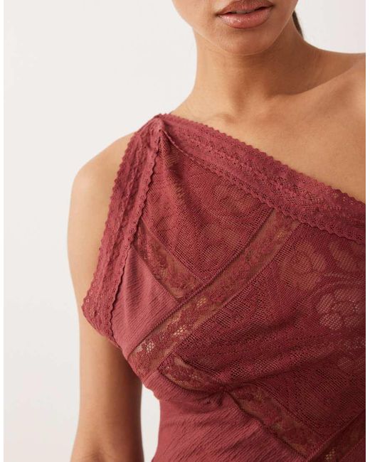 ASOS Red Crinkle Lace Mix One Shoulder Asymmetric Top