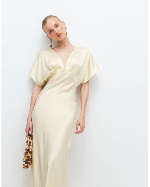 Gina Tricot Natural Batwing Plunge Satin Maxi Dress
