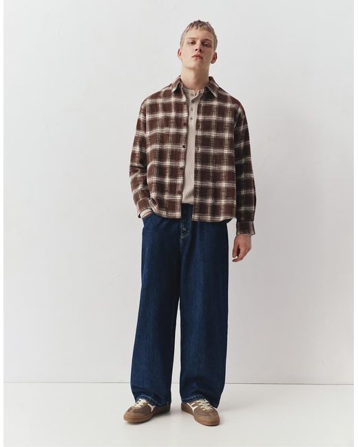 Pull&Bear Blue Long Sleeve Check T-shirt for men