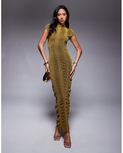 Vestido Midi Ajustado Con Mangas De Casquillo Y Acabado De Purpurina De Canalé De ASOS de color Blue