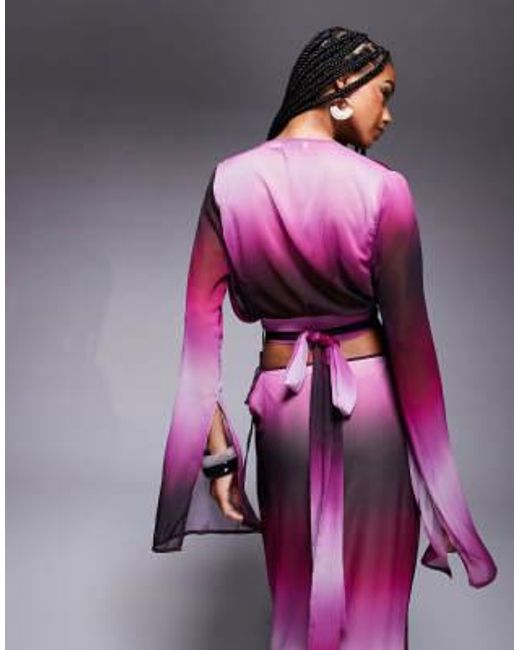 Aria Cove Purple Chiffon Wrap Split Sleeve Beach Top Co-ord