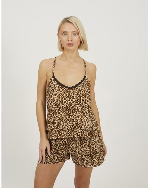 Brave Soul Natural Cross Over Strappy Leopard Print Pyjama Set