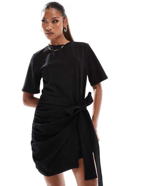 In The Style Black Wrap Tie Side Mini T-shirt Dress