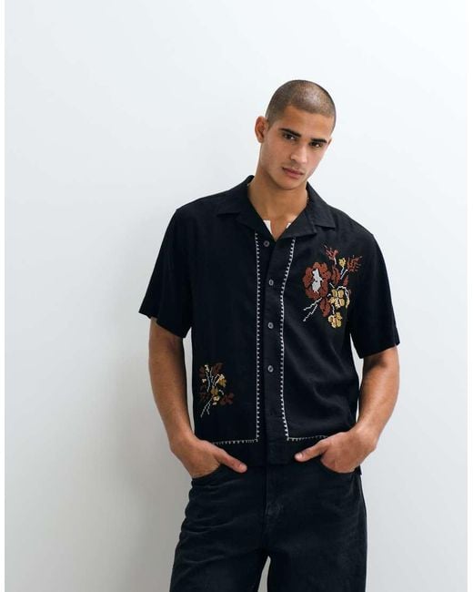 Abercrombie & Fitch Blue Linen Rich Resort Embroidered Short Sleeve Shirt for men