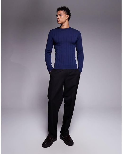 ASOS Blue Muscle Fit Long Sleeve Knitted Rib T-shirt for men