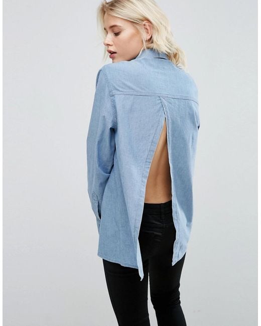 ASOS Denim Shirt With Open Back In Mid Wash Blue
