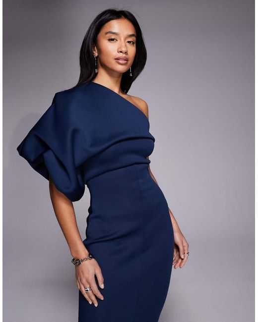 ASOS Blue Asos Design Petite Scrunch One Shoulder Maxi Dress
