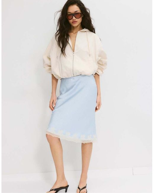 Stradivarius Blue Satin Skirt With Contrast Lace