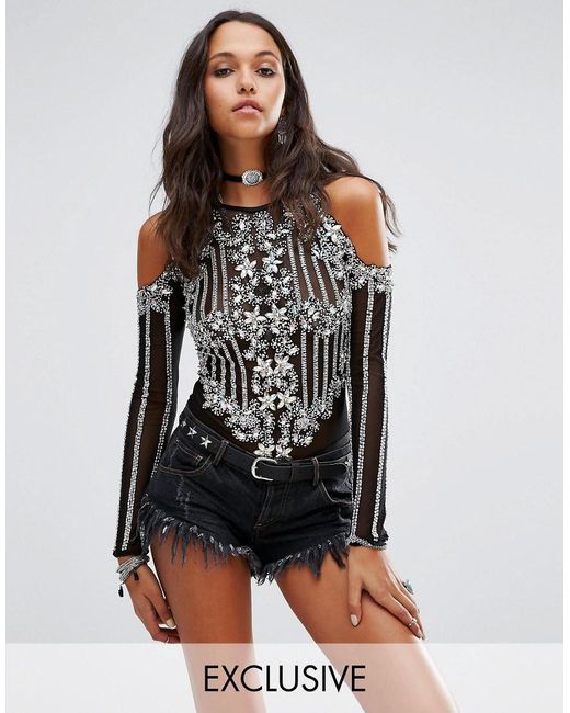 A Star Is Born Cold Shoulder Embellished Bodysuit - Black/silver