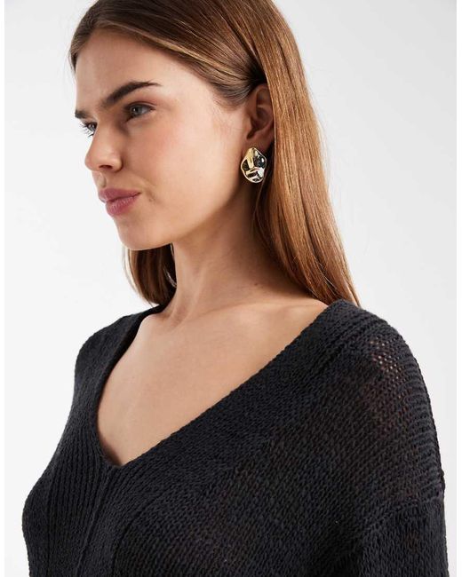 Mango Black Teen Cotton Mix Seam Detail V Neck Jumper
