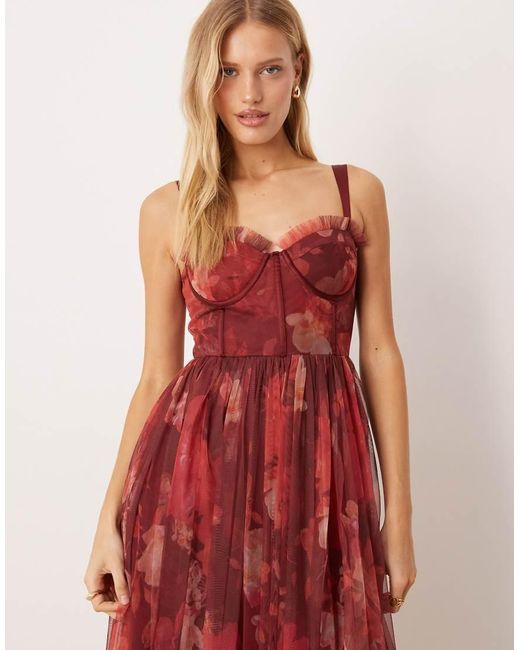 LACE & BEADS Midi Jurk Van Tule Met Korset En Bloemenprint in het Red