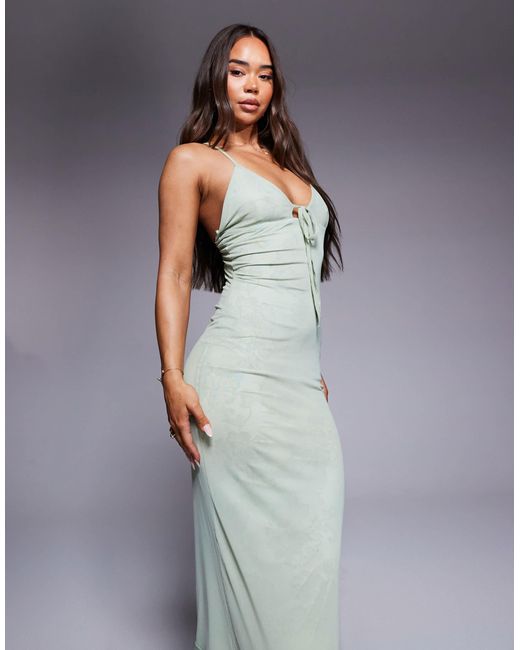 ASOS Green Double Layer Mesh And Lace Print Cami Maxi Dress With Ruffle Hem