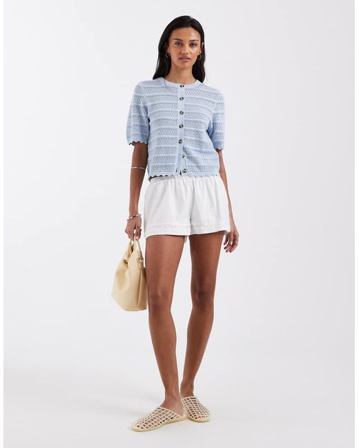 Brave Soul Blue Crochet Knit Short Sleeve Cardigan With Scallop Detail