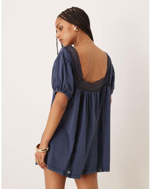 ASOS Blue Broderie Square Neck Button Down Puff Sleeve Playsuit