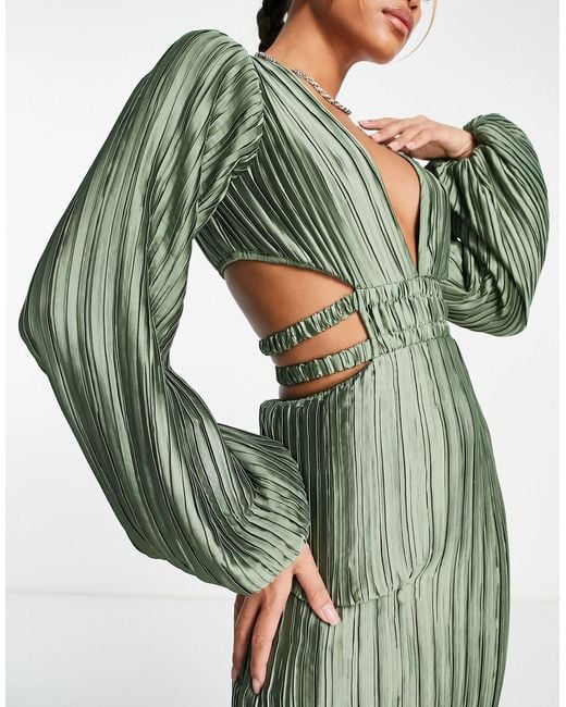 ASOS Satin Plisse Midi Dress With Cut Out Waist Detail in Green | Lyst UK