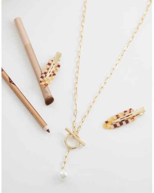 ASOS White Long Lariat Necklace With T-bar Faux Freshwater Pearl