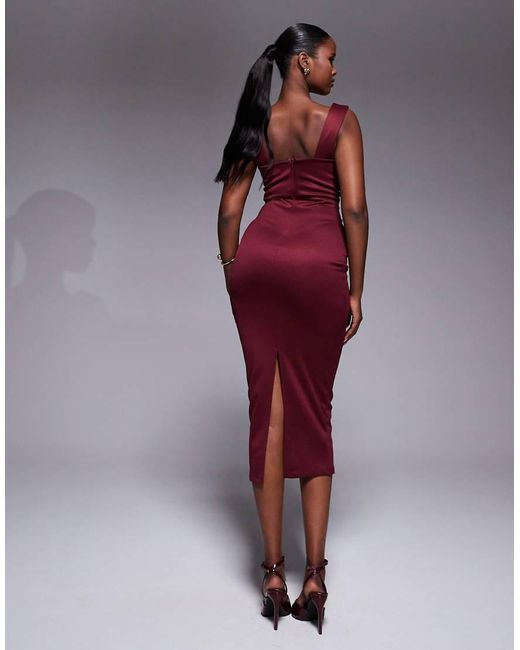 ASOS Red Square Neck Pleat Bust Midi Pencil Dress