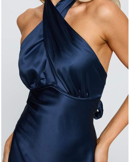 Princess Polly Blue Rosaminta Satin Twist Front Halterneck Open Back Tie Detail Maxi Dress