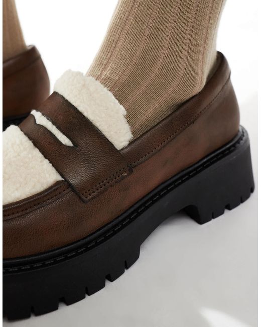 London Rebel Brown Olivia Contrast Teddy Fur Chunky Loafers
