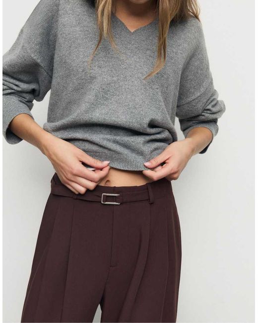 Stradivarius White Smart Wide Leg Trousers With Buckle Detail