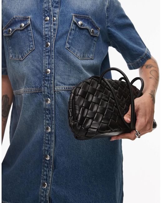 Mango Blue Woven Leather East To West Shoulder Bag