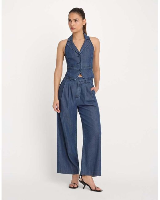 GOOD AMERICAN Blue Denim Luxe Suiting Halter Neck Waistcoat Co-Ord