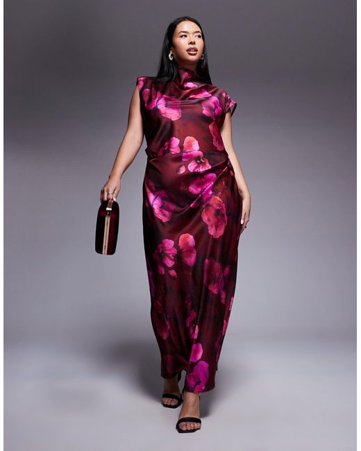 Asos design curve - robe mi-longue en satin avec col montant et corsage plissé - imprimé fleurs rose foncé ASOS en coloris Red