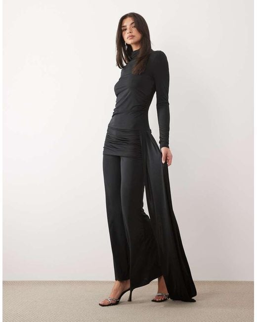 DASKA Black Slinky High Neck Draped Detail Jumpsuit