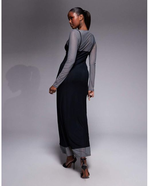 ASOS Blue Mesh Double Layer Corset Maxi Dress With Seaming Detail