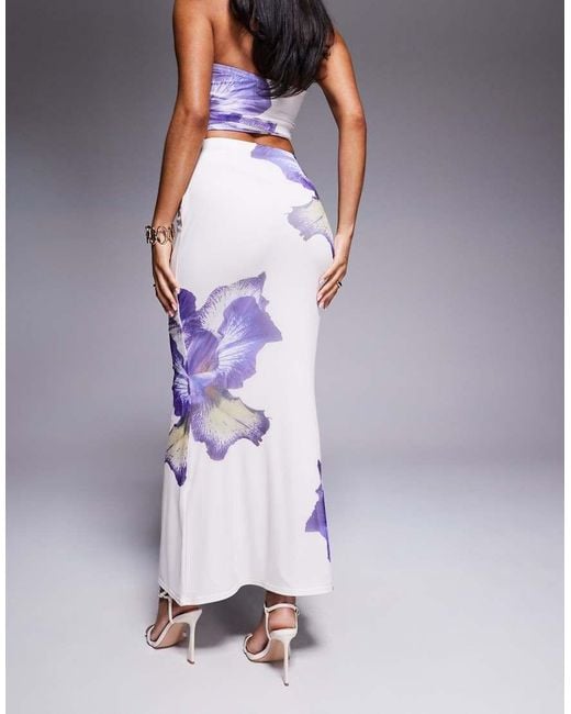 Kaiia Blue Exclusive Double Layered Slinky Mesh Floral Maxi Skirt Co-ord