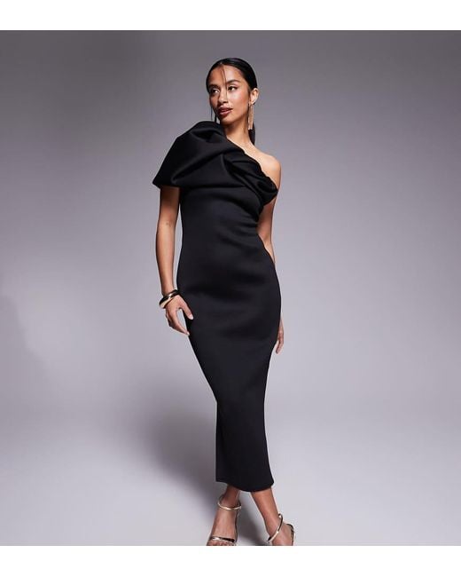 Vestido Midi Con Escote Palabra De Honor Y Mangas Abullonadas Estructuradas De Tejido Efecto Neopreno De Asos Design Petite ASOS de color Blue