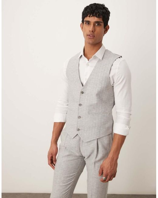 ASOS Gray Linen Cotton Blend Slim Suit Waistcoat for men