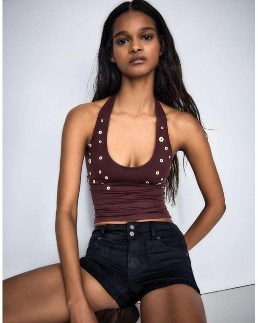 Bershka Blue Halter Neck Top With Buttons