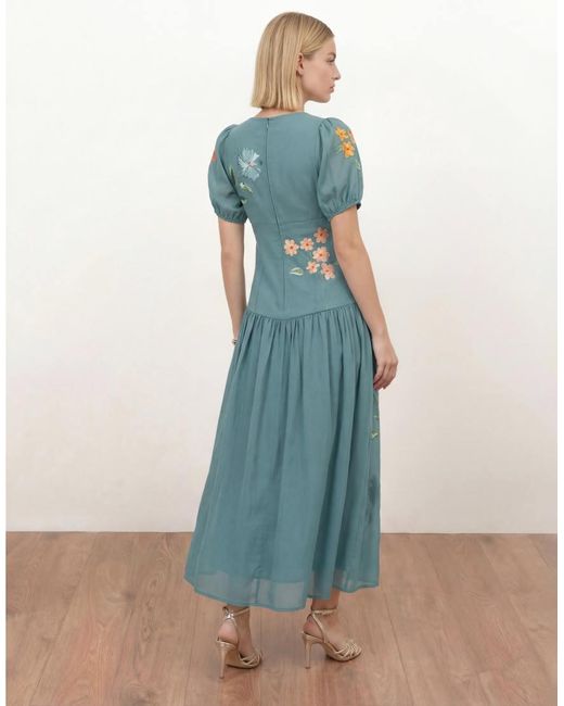 Maya Blue Floral Embroidered Dropped Waist Midaxi Dress