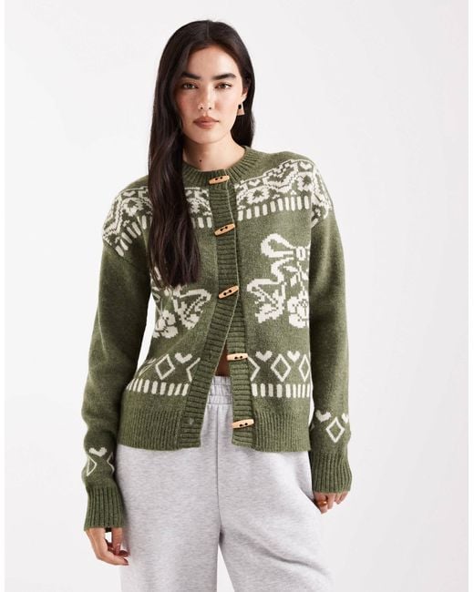 Daisy Street Green Boxy Cardigan With Floral Graphic And Toggles
