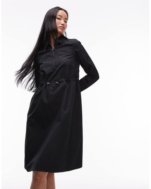 ARKET Black Cotton Rich Long Sleeve Mini Shirt Dress With Cinch Waist Detail