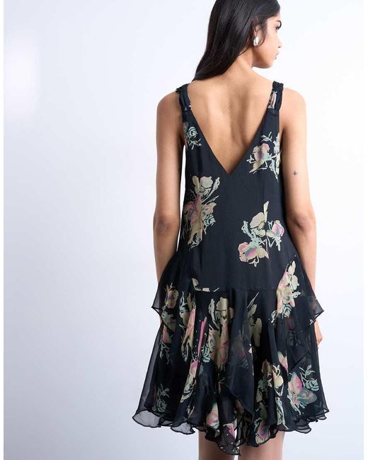 TOPSHOP Black Hanky Hem Mini Dress With Pinched Straps