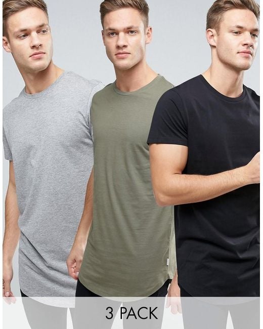 Jack & Jones Gray Originals Longline Curved Hem T-shirt 3 Pack Save for men