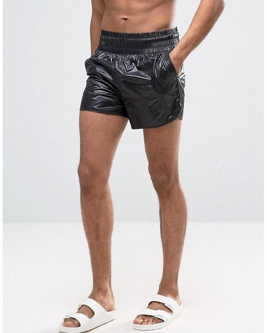 ASOS Runner Swim Shorts In Black Wet Look Fabric With Deep Waistband for men
