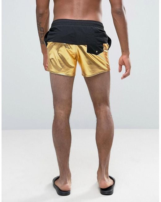 Asos Swim Shorts With Metallic Gold Panel In Short Length in Metallic ...