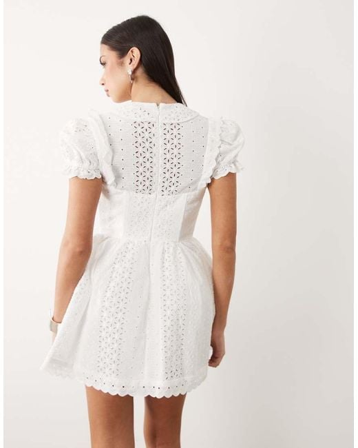Bardot White Allington Broderie Corset Puff Sleeve Tie Collar Detail Mini Dress