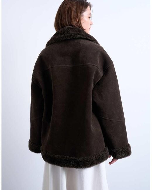 TOPSHOP Black Faux Suede Shearling Oversized Car Coat