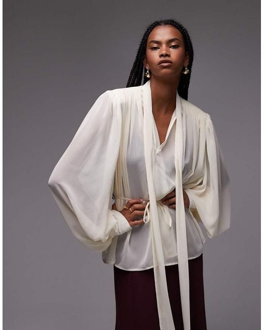 ASOS Gray Chiffon Shoulder Pad Boho Tie Blouse