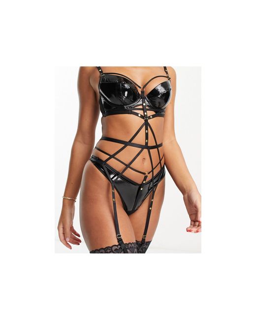 Ann Summers Black Troublesome Glossy Pu Strappy Suspender Waspie With Hardware Detail