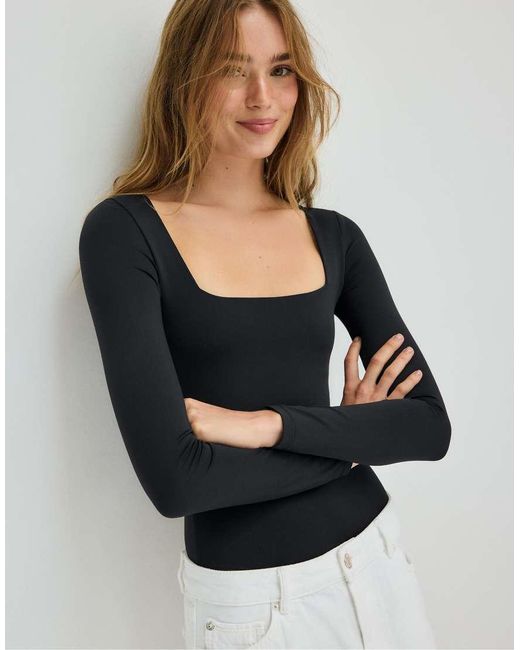 Stradivarius Black Polyamide Bodysuit With Square Neckline