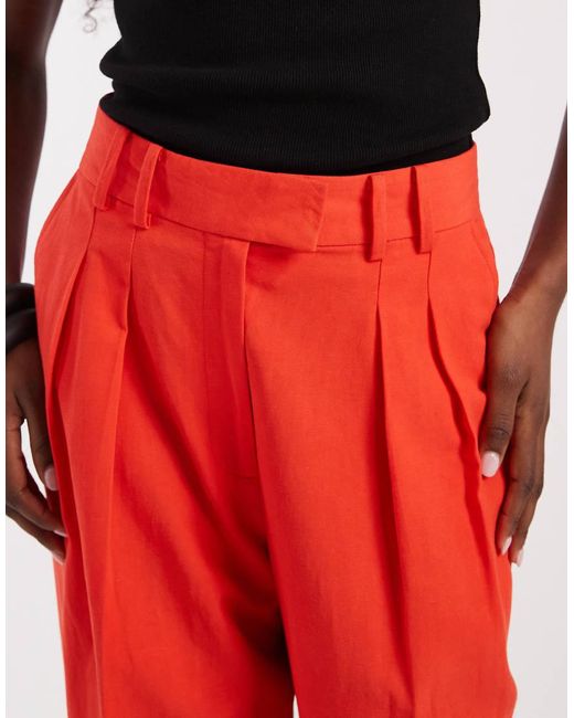 ASOS Red Tailo Linen Look Wide Leg Trousers With Pleat Detail