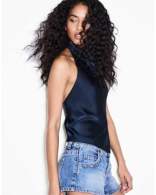 Stradivarius Blue Satin Halter Top